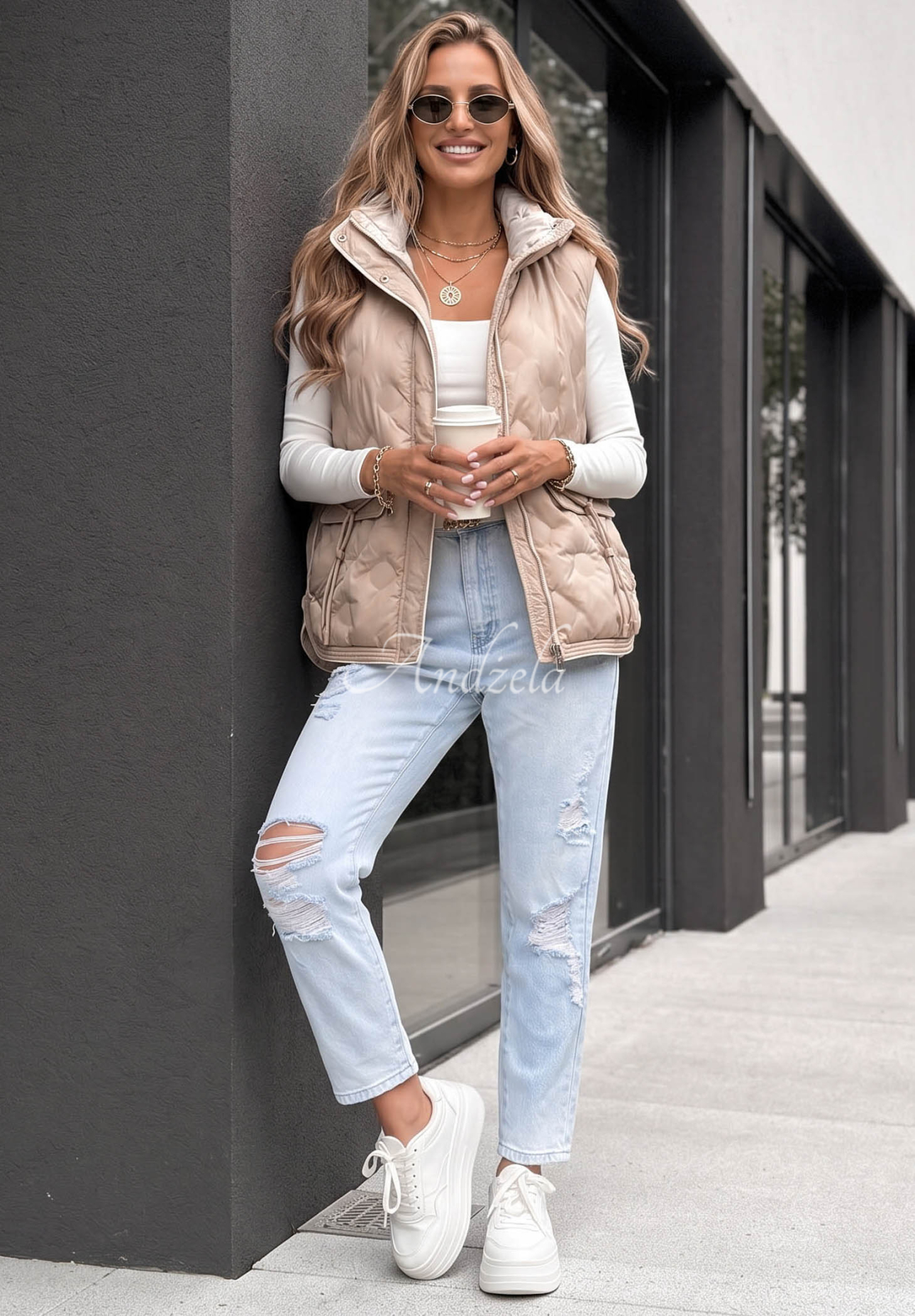 Morning Dew Beige Quilted Hooded Vest