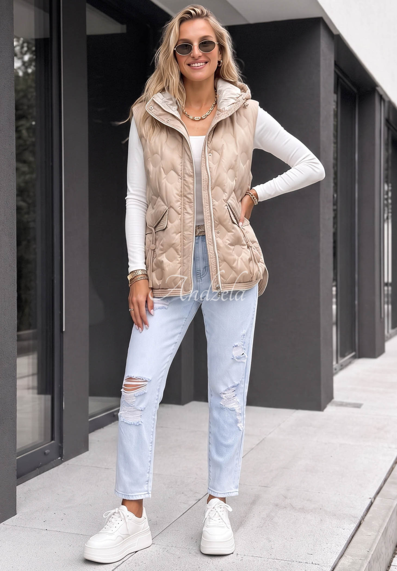 Morning Dew Beige Quilted Hooded Vest