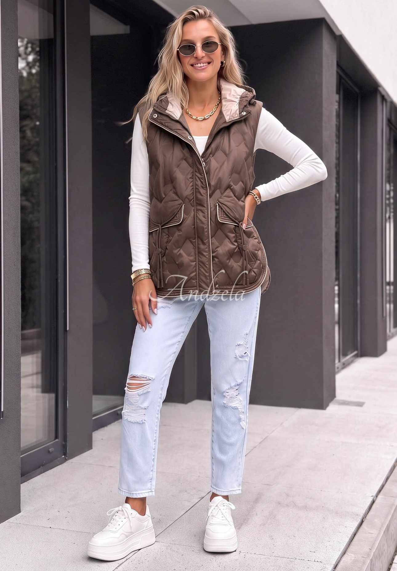 Morning Dew Chocolate-Colored Quilted Hooded Vest
