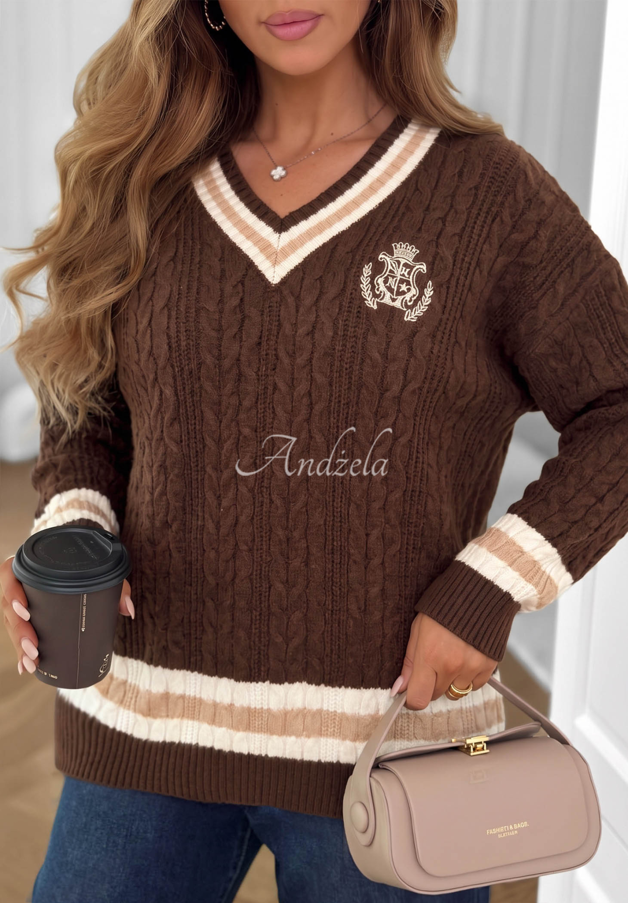Wiskozowy sweter z ozdobnym splotem Velvet Touch czekoladowy