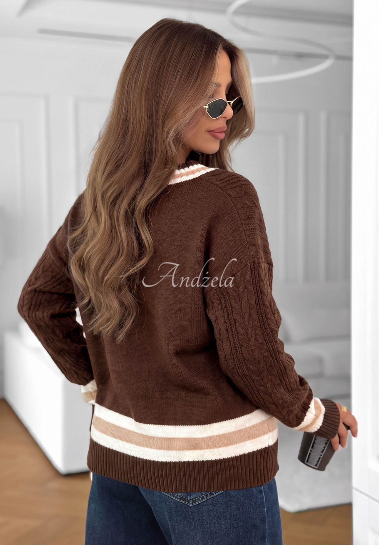 Wiskozowy sweter z ozdobnym splotem Velvet Touch czekoladowy