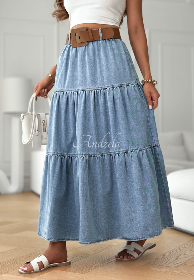 Morella Blue Flared Denim Skirt with Belt
