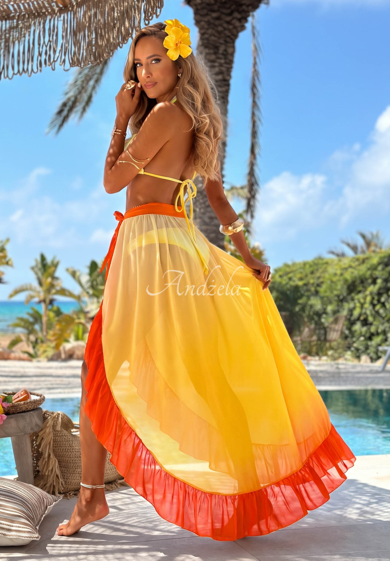 Aloha Sunset Yellow-Orange Bikini and Fringed Pareo Set
