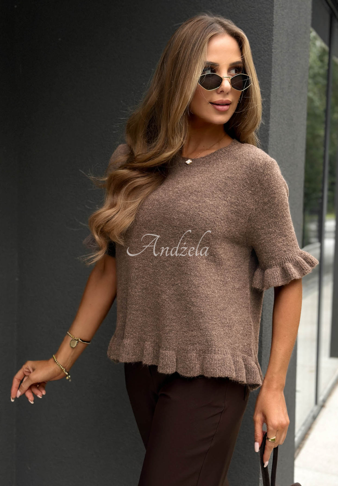 Soft Haven Chocolate-Colored Sweater with Ruffles, Made of Wool and Viscose