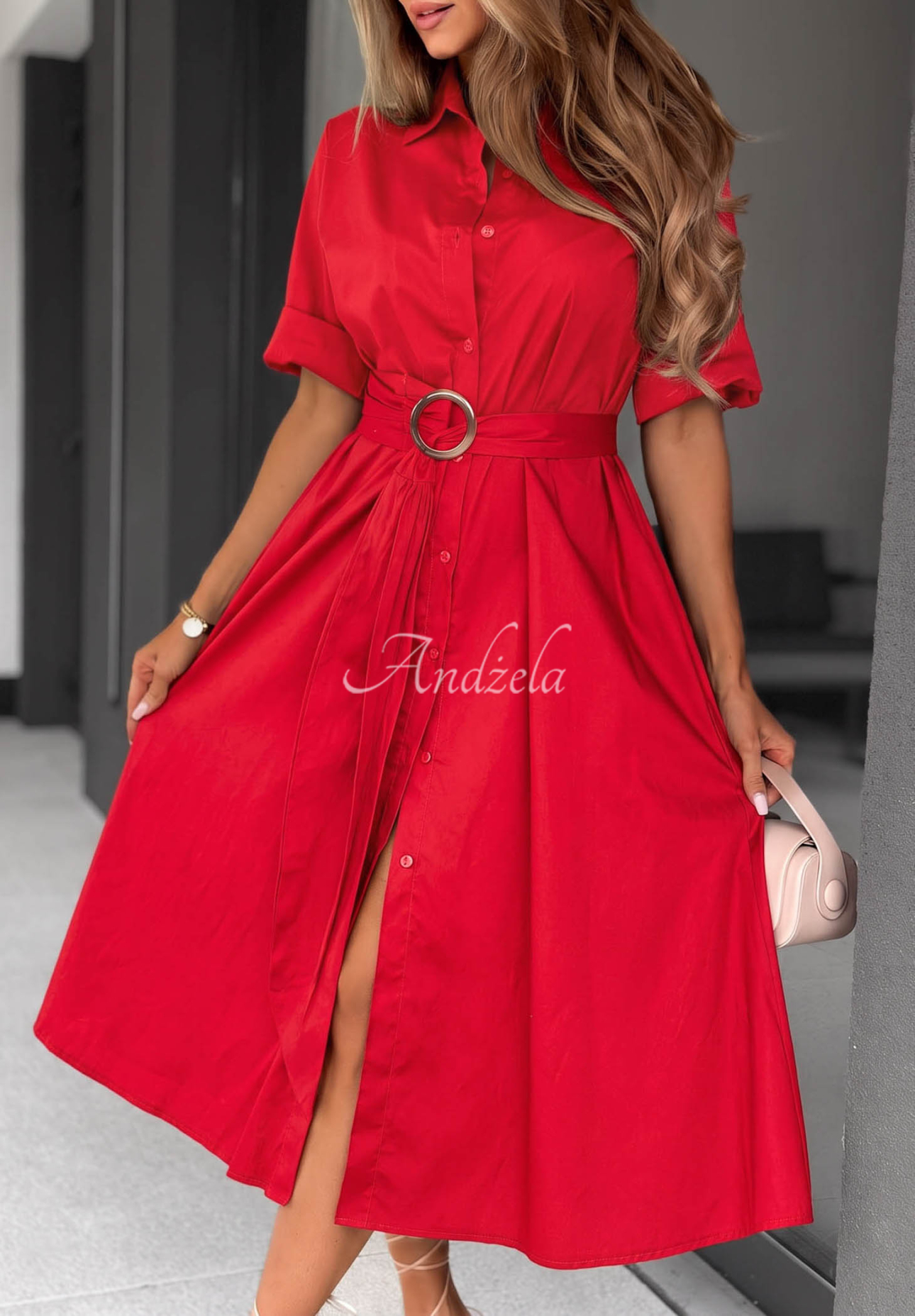 Wind Sails Red Cotton Shirt Dress with Belt