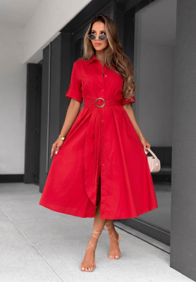 Wind Sails Red Cotton Shirt Dress with Belt