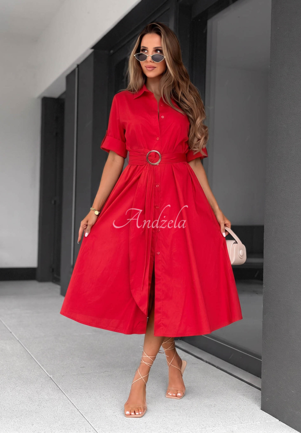 Wind Sails Red Cotton Shirt Dress with Belt