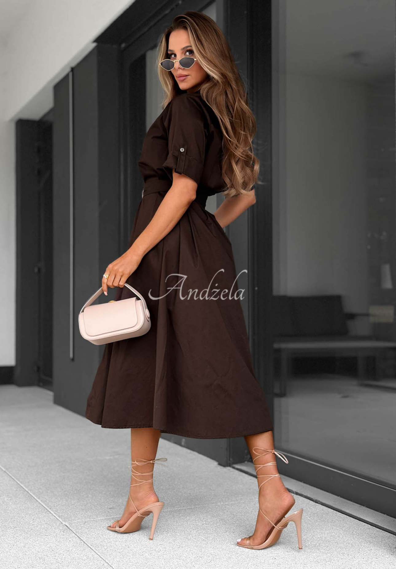 Wind Sails Chocolate-Colored Cotton Shirt Dress with Belt