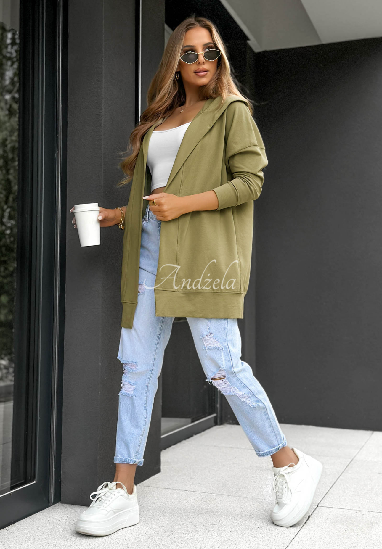 Długa bawełniana bluza z kapturem Cozy Mood oliwkowa