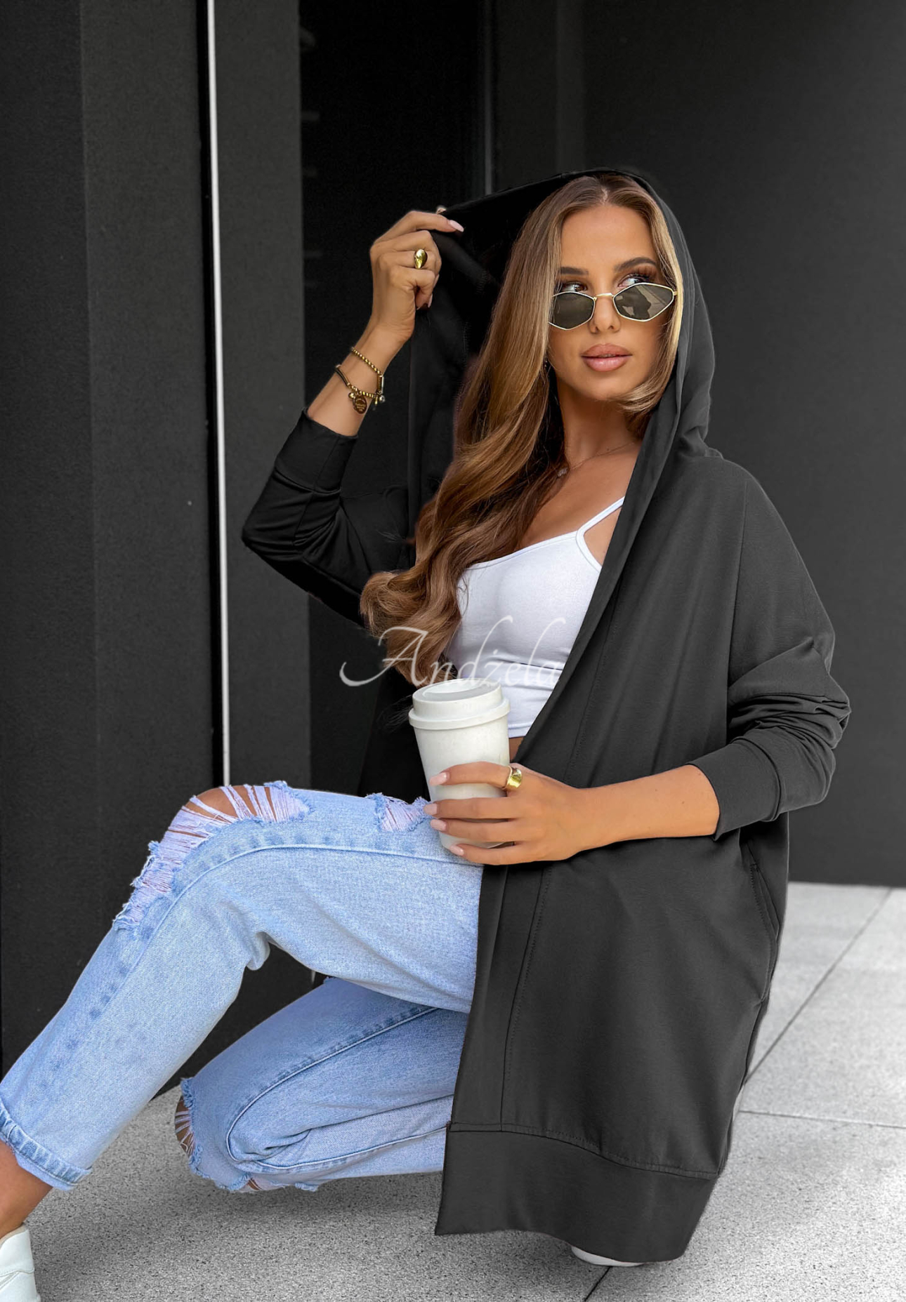 Cozy Mood Long Cotton Hoodie, Black