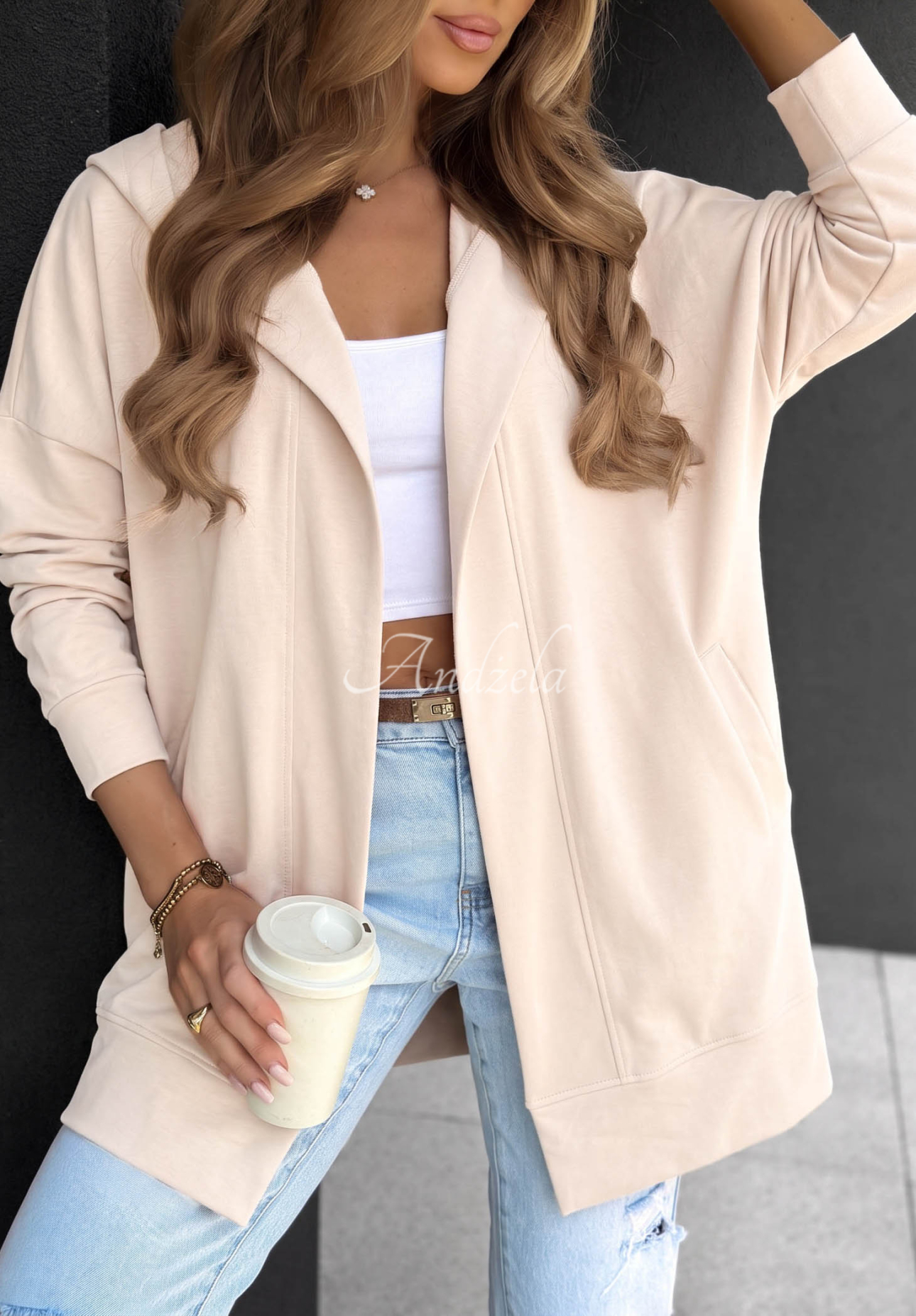 Długa bawełniana bluza z kapturem Cozy Mood beżowa