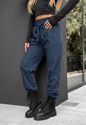 Elegant Harmony Navy Blue Cotton Pants with a Belt