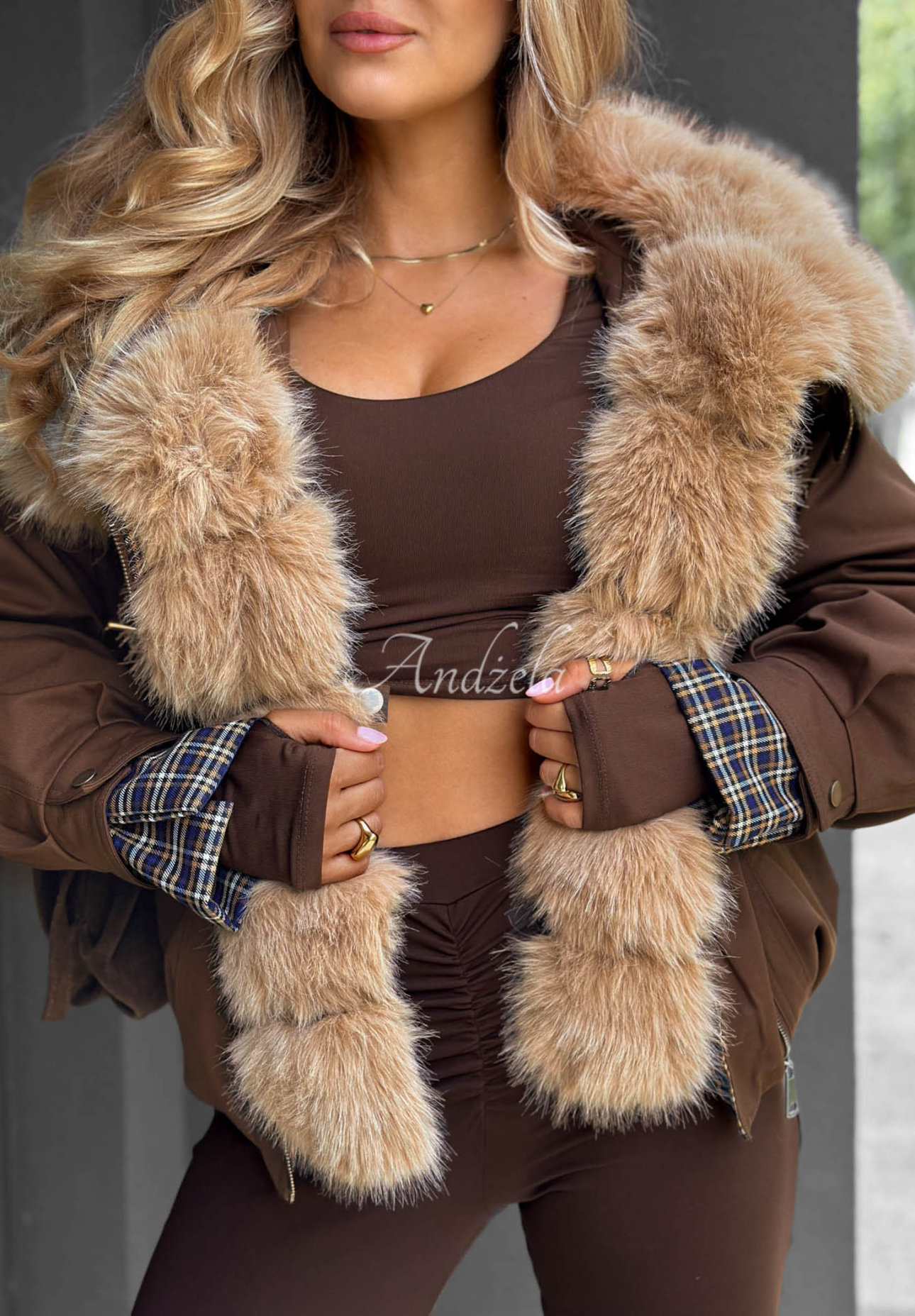 Amber Charm Short Fur-Lined Jacket in Chocolate Brown