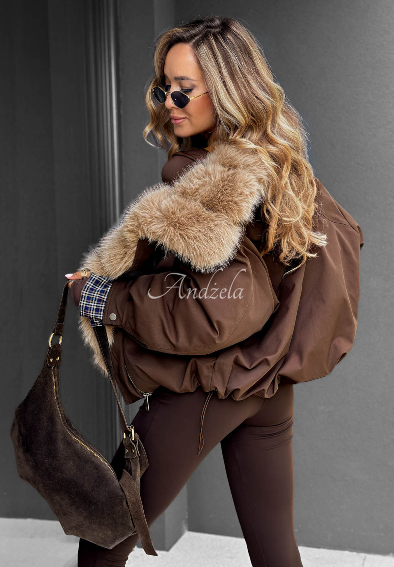 Amber Charm Short Fur-Lined Jacket in Chocolate Brown