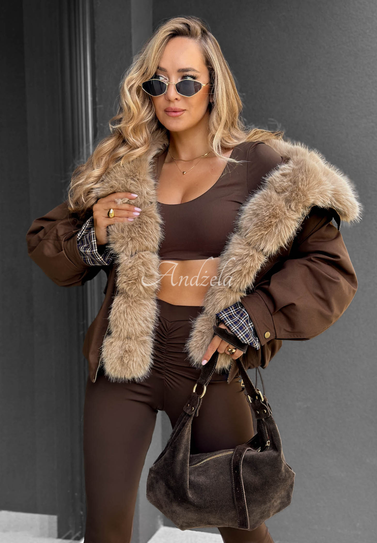 Amber Charm Short Fur-Lined Jacket in Chocolate Brown