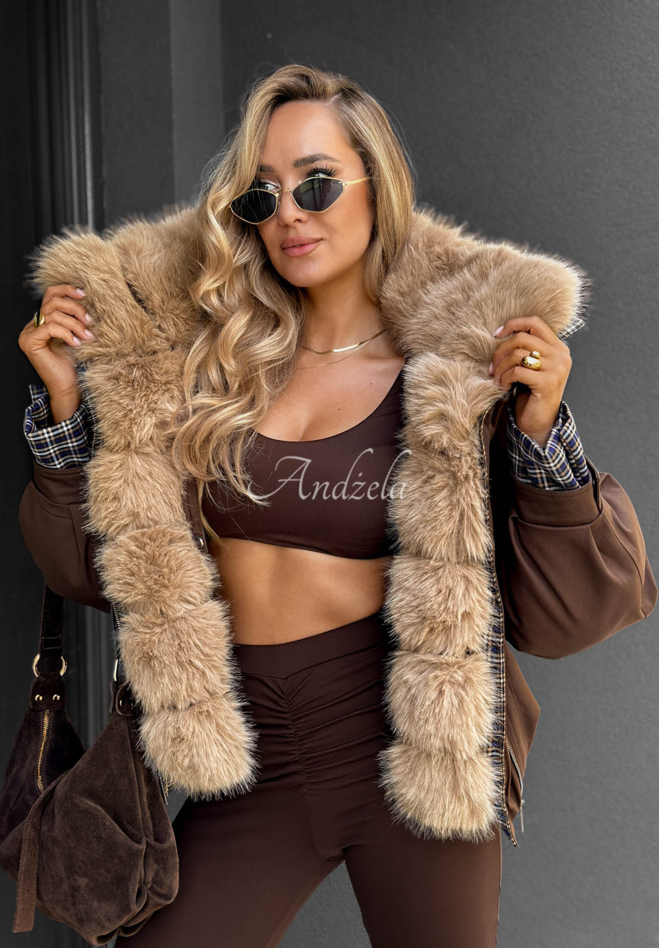 Amber Charm Short Fur-Lined Jacket in Chocolate Brown