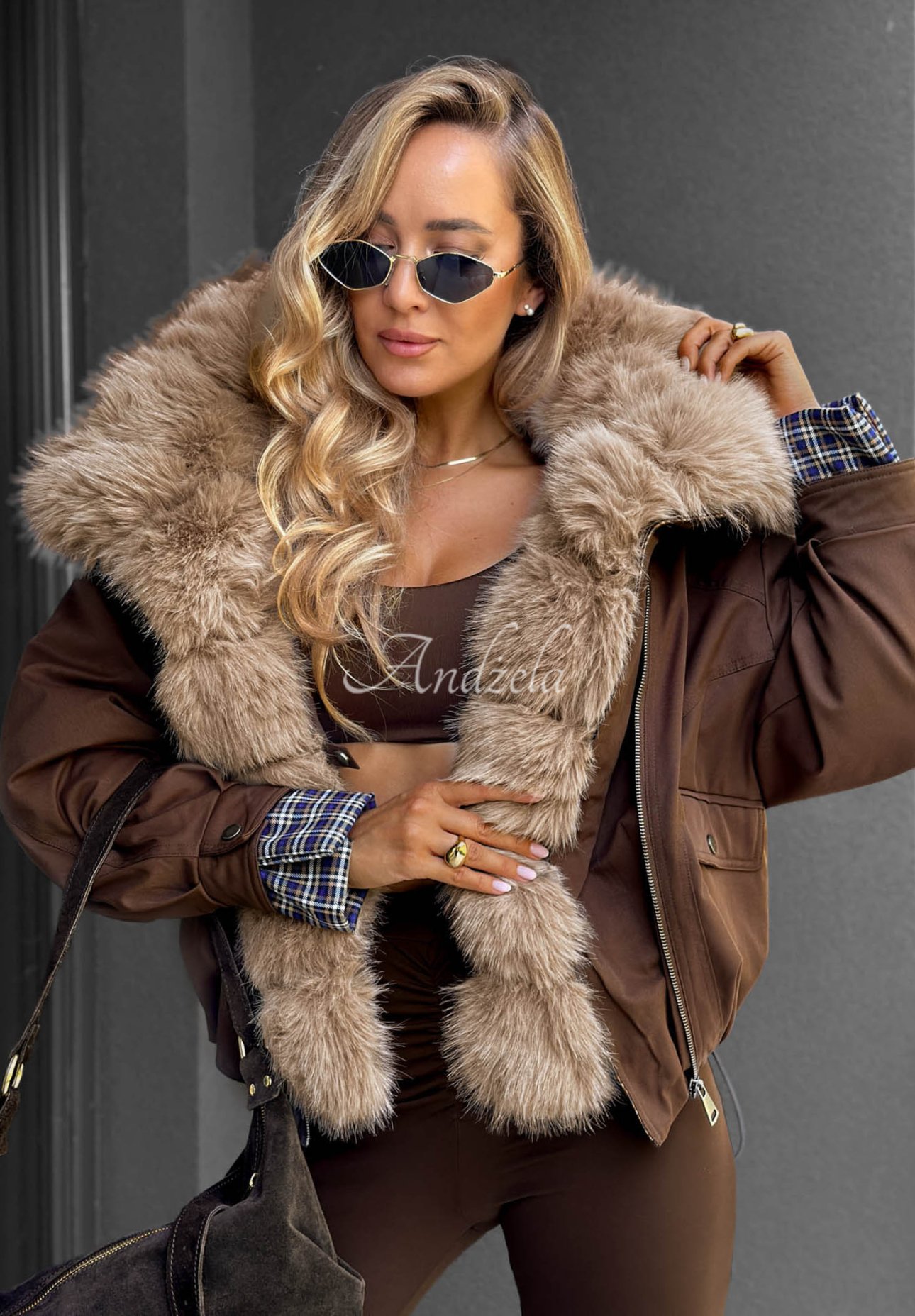 Amber Charm Short Fur-Lined Jacket in Chocolate Brown