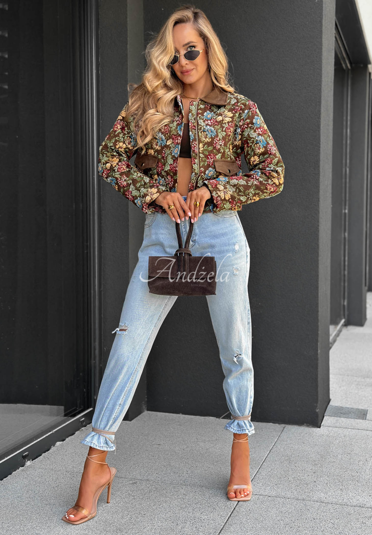 Floral Charm Brown Short Jacquard Jacket with Collar