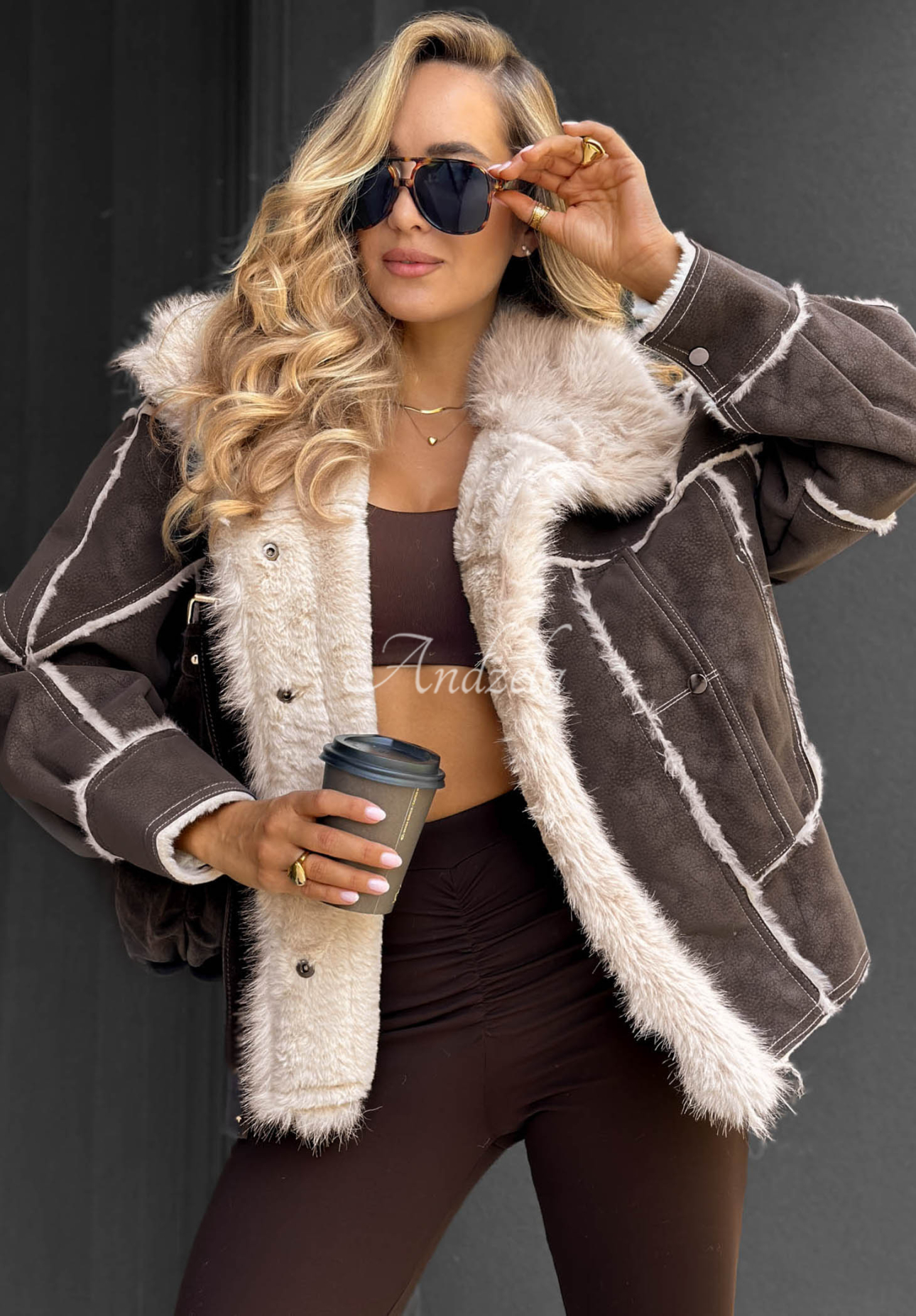 Honey Ember Chocolate-Colored Sheepskin Jacket with Fur Trim