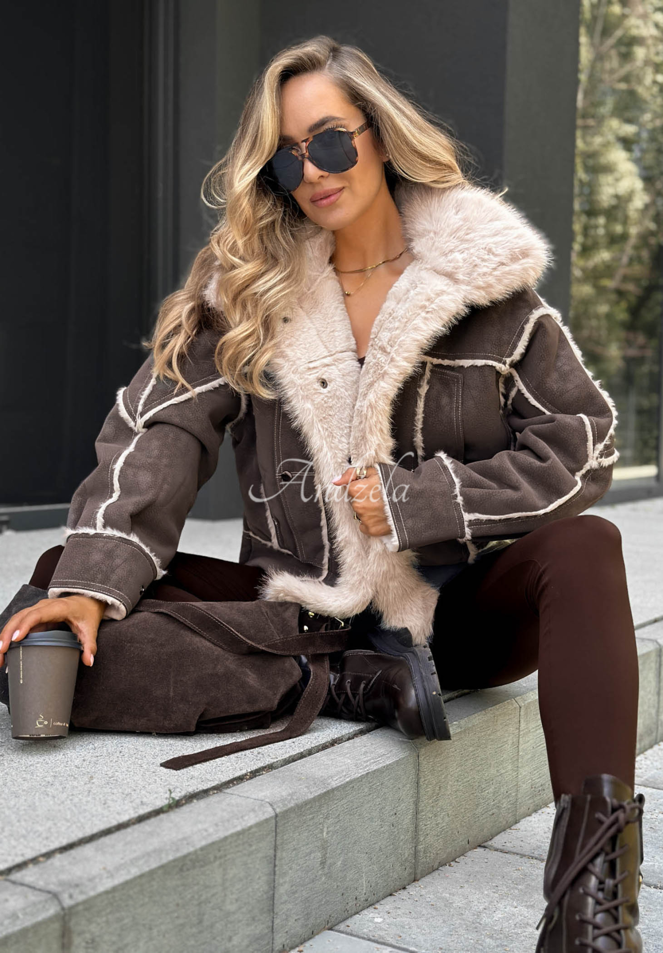 Honey Ember Chocolate-Colored Sheepskin Jacket with Fur Trim