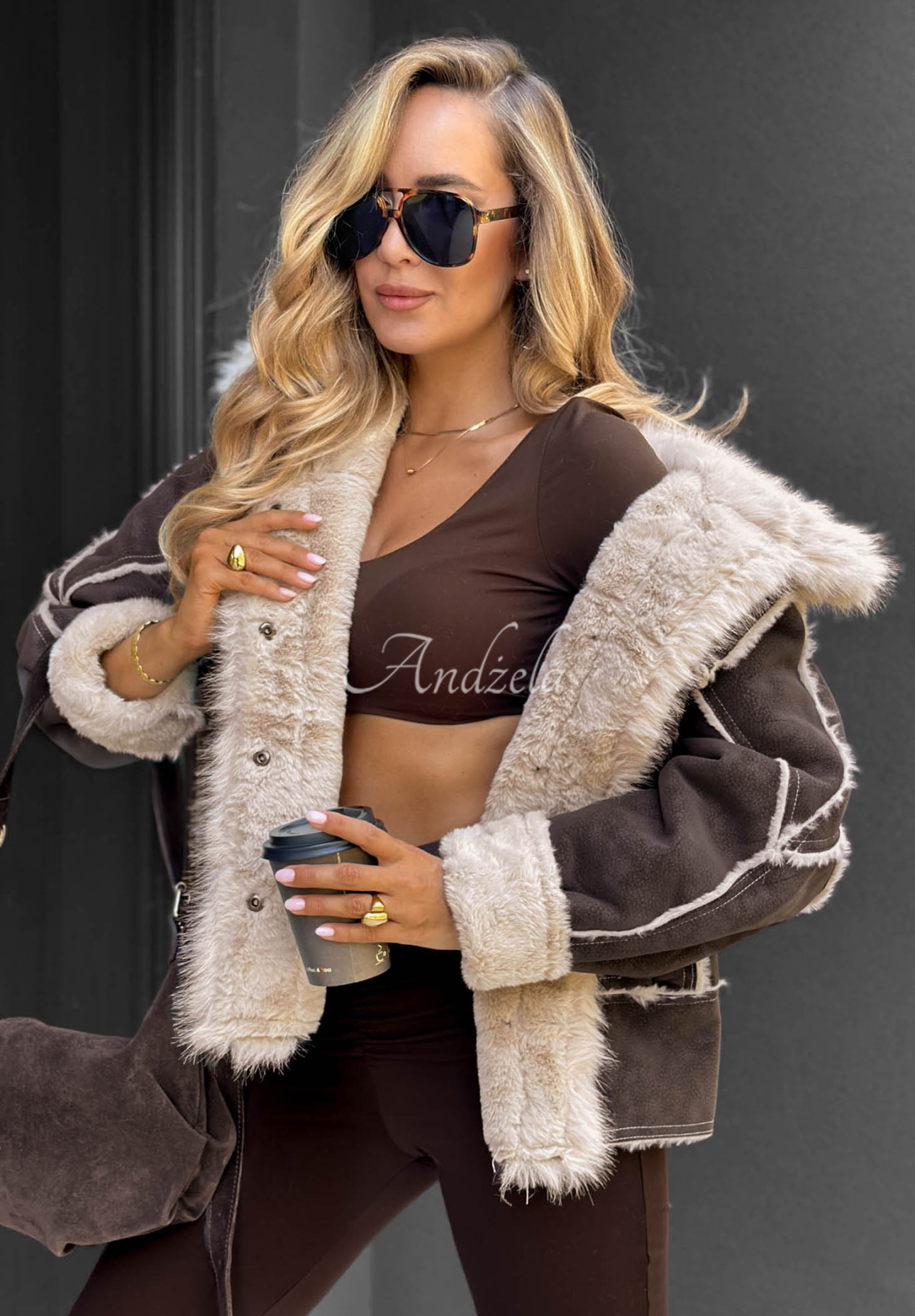 Honey Ember Chocolate-Colored Sheepskin Jacket with Fur Trim