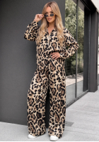 Wiskozowy komplet koszula i spodnie wide leg w panterkę Summer Panther beżowo-czarny