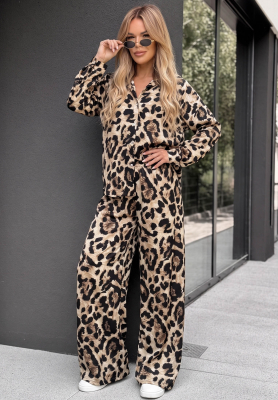 Wiskozowy komplet koszula i spodnie wide leg w panterkę Summer Panther beżowo-czarny