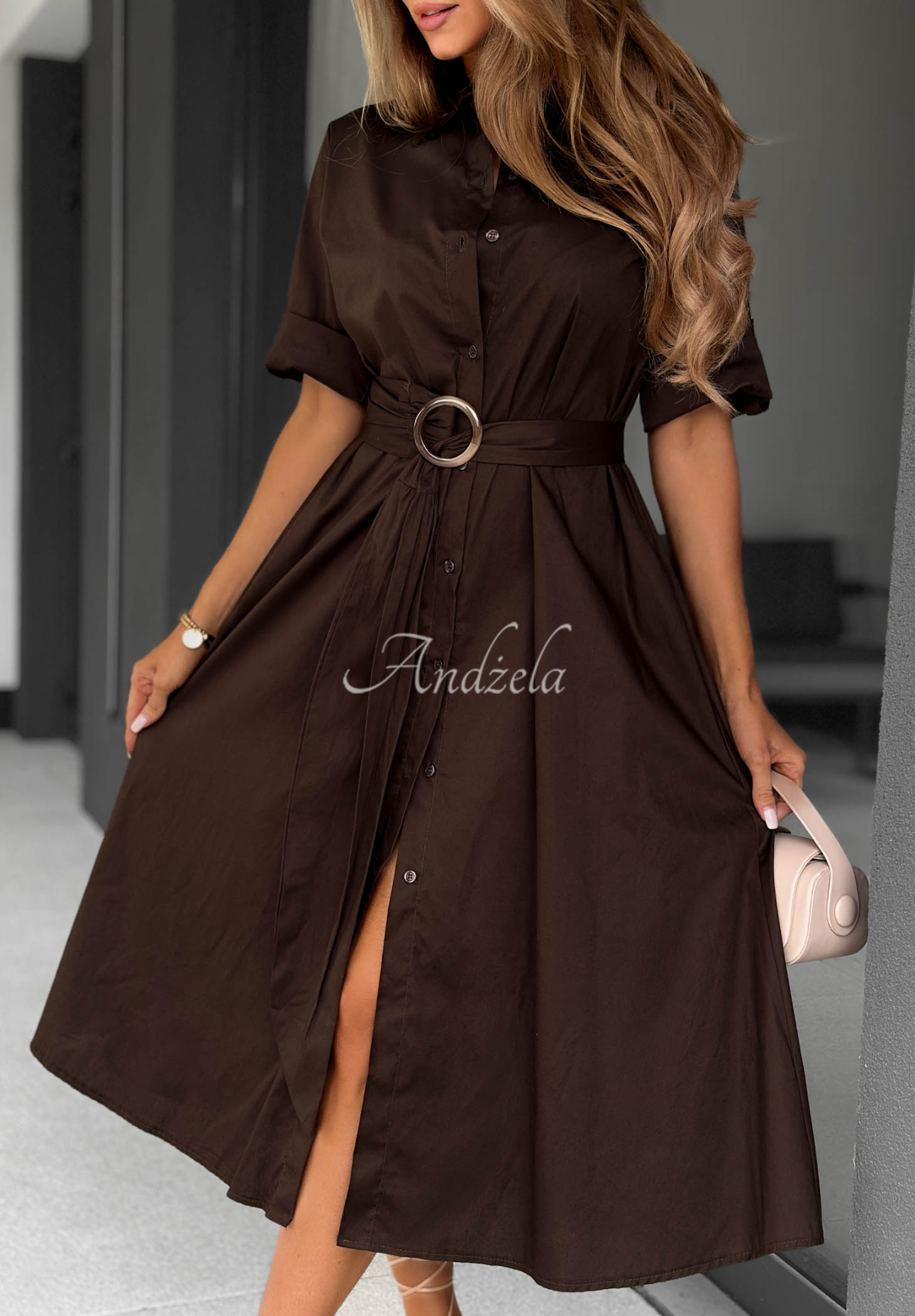 Wind Sails Chocolate-Colored Cotton Shirt Dress with Belt
