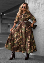 Koszulowa sukienka maxi z falbankami moro Verde Vibe khaki