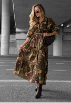 Koszulowa sukienka maxi z falbankami moro Verde Vibe khaki