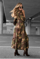 Koszulowa sukienka maxi z falbankami moro Verde Vibe khaki