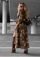 Koszulowa sukienka maxi z falbankami moro Verde Vibe khaki