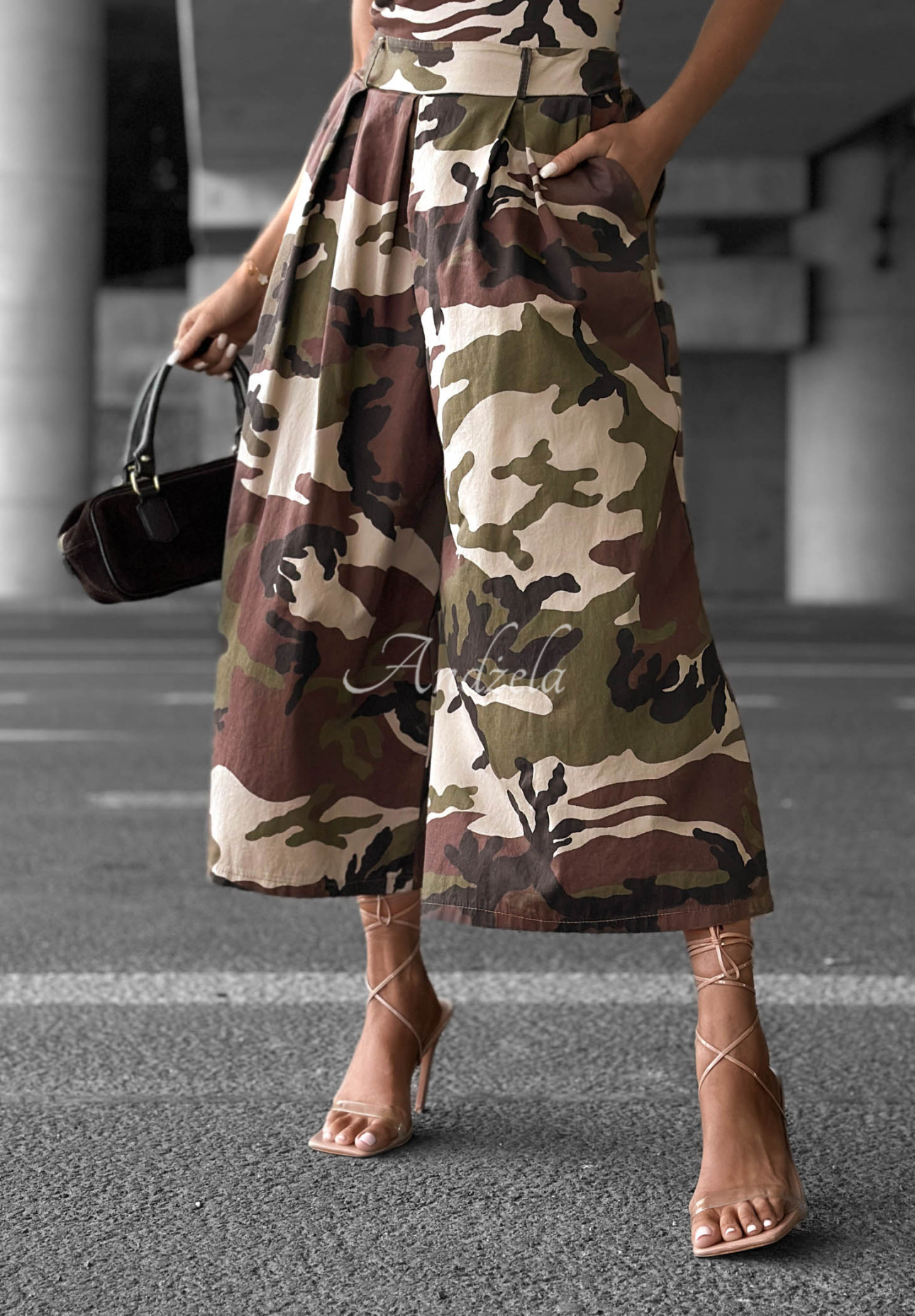 Wild Energy khaki wide-leg fabric pants with pleats in a camo pattern
