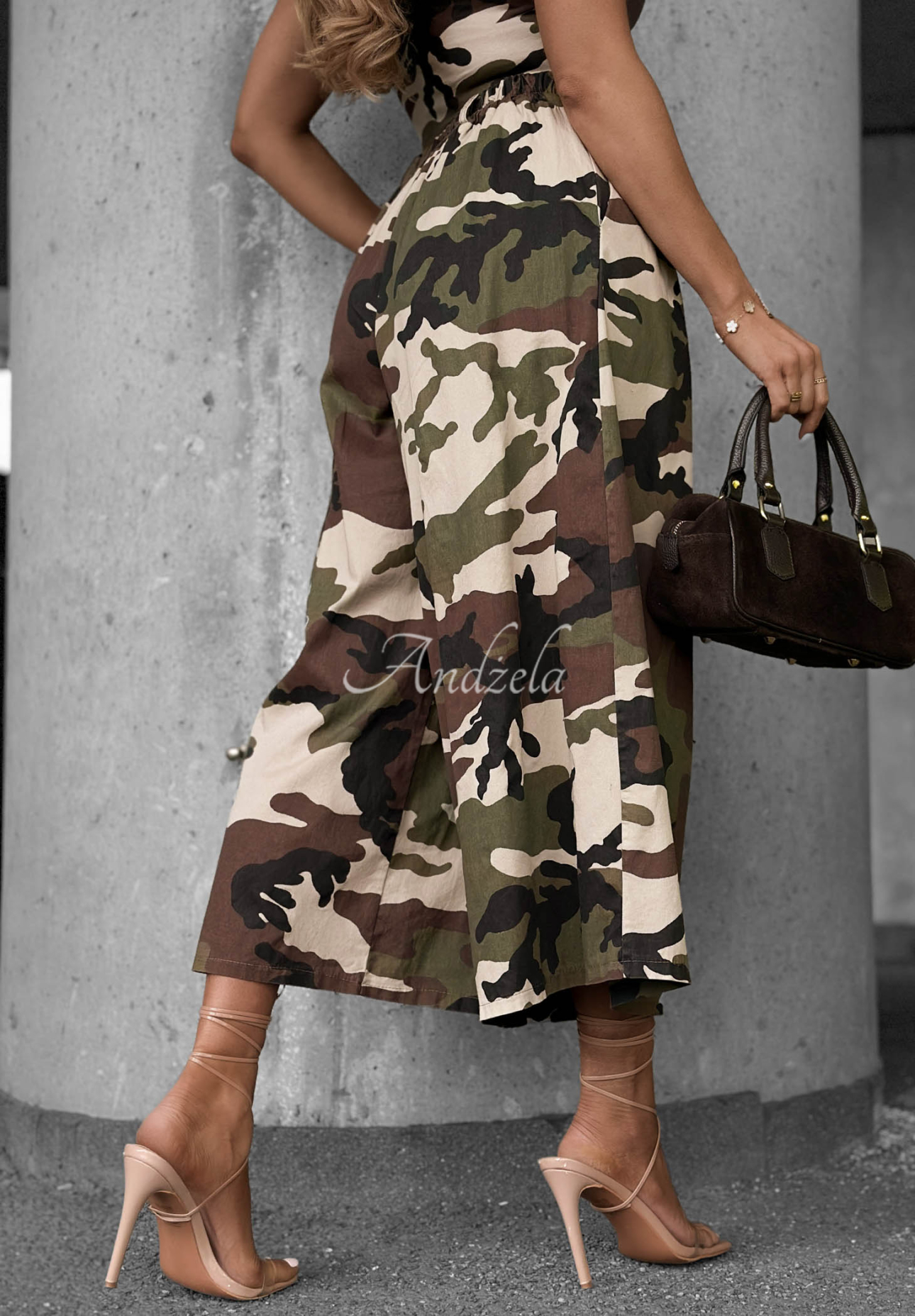 Materiałowe spodnie wide leg z zakładkami moro Wild Energy khaki