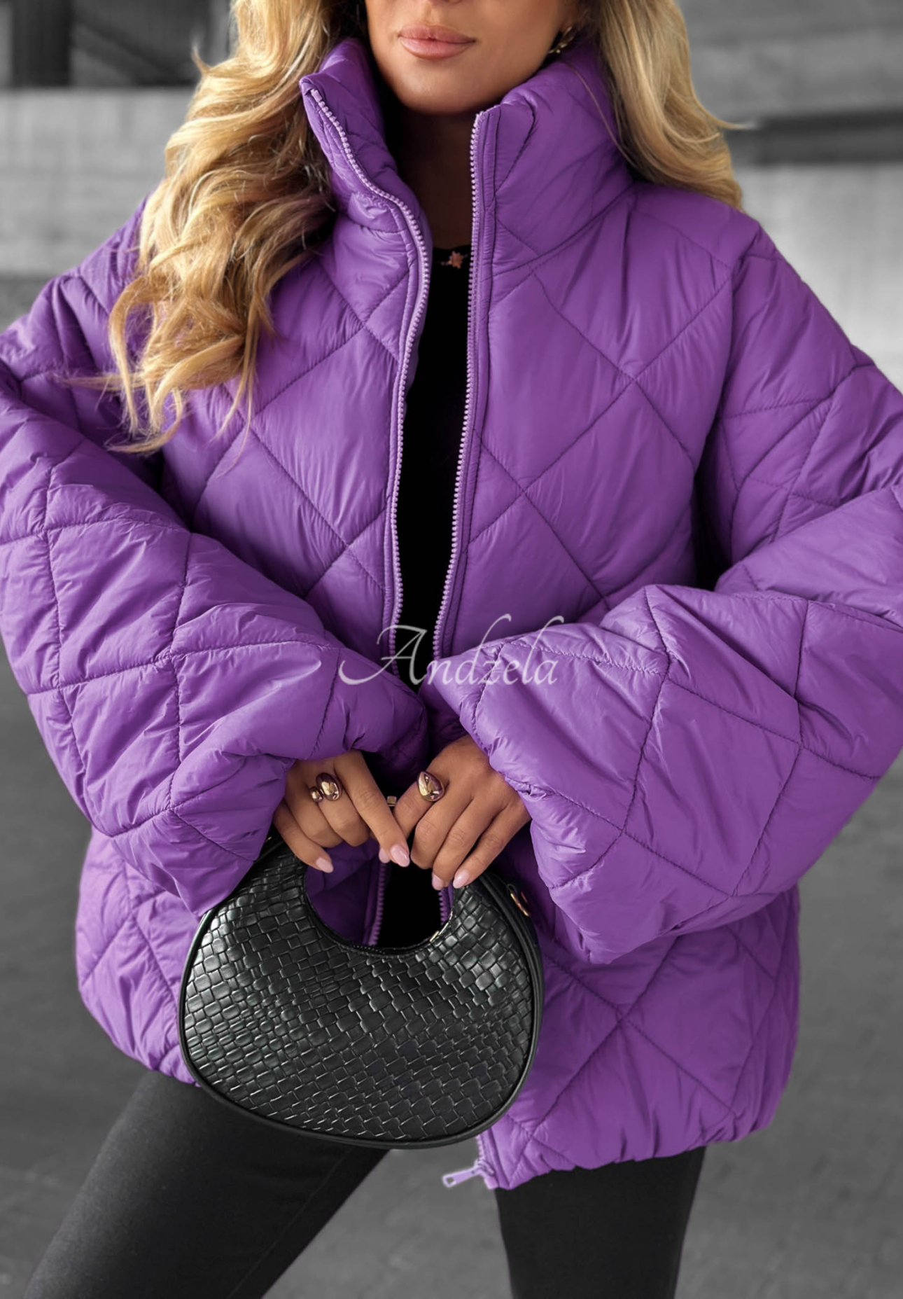Krótka pikowana kurtka oversize Fall Favorites fioletowa