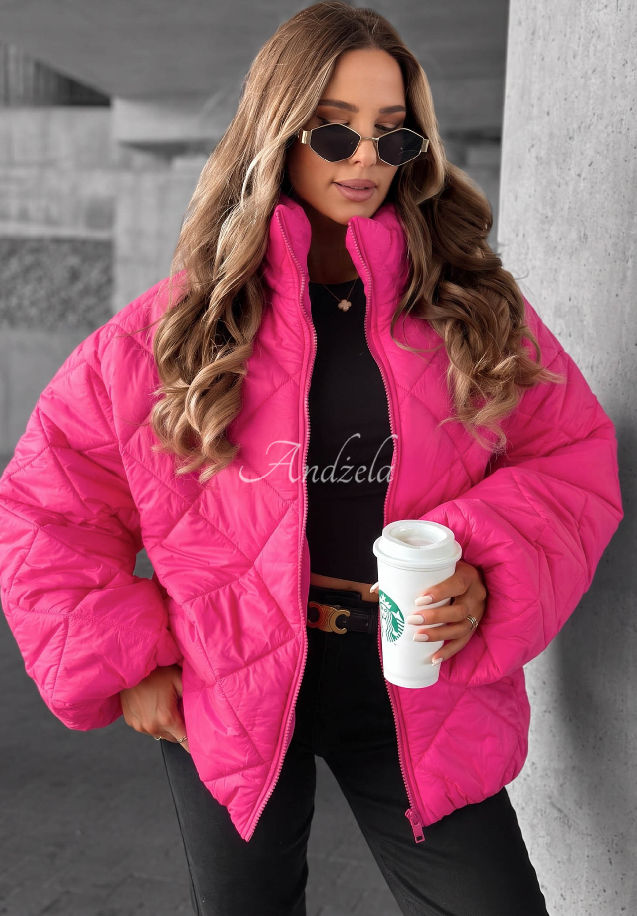 Krótka pikowana kurtka oversize Fall Favorites różowa