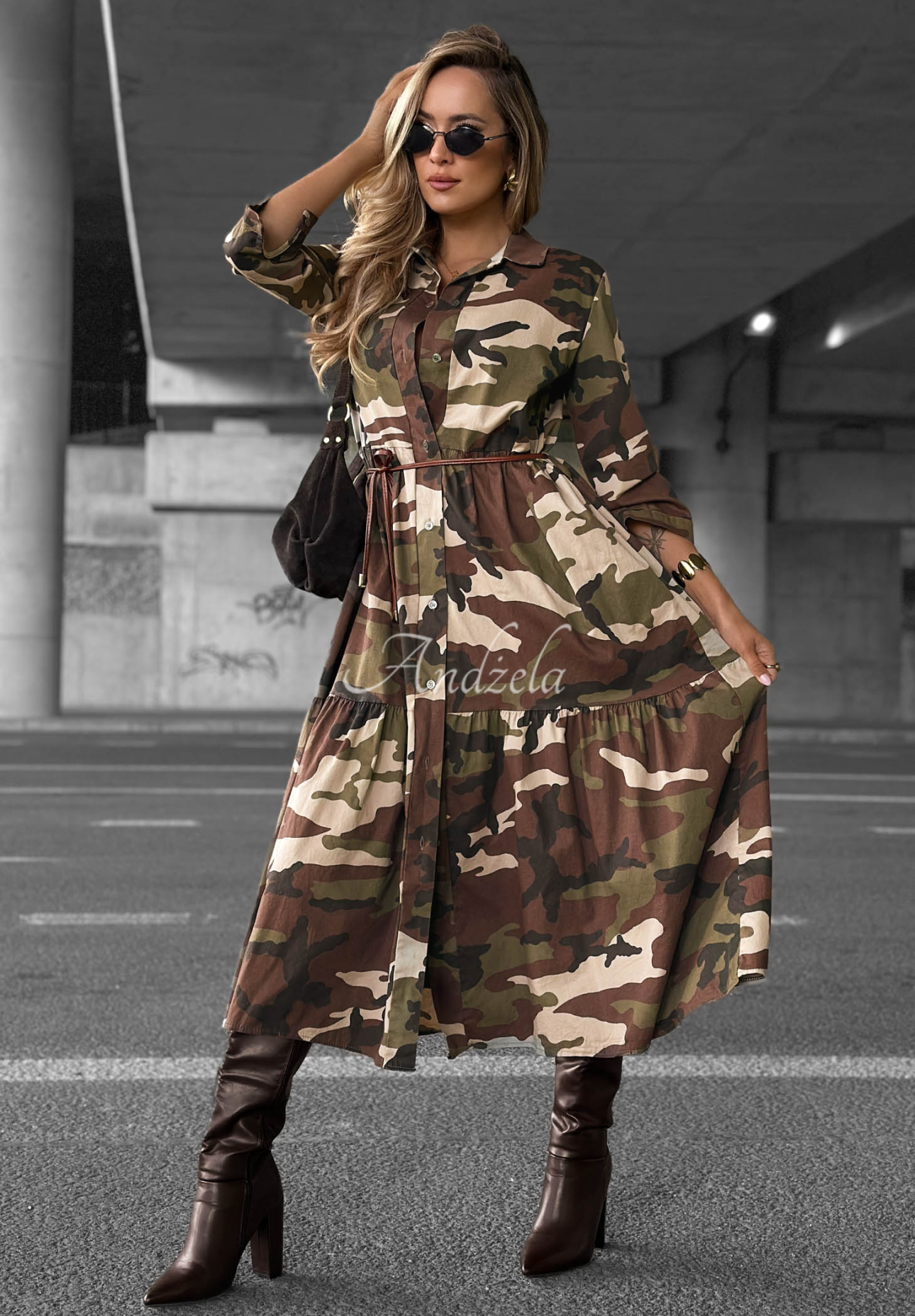Daily Mission khaki cotton shirt dress with a camo belt
