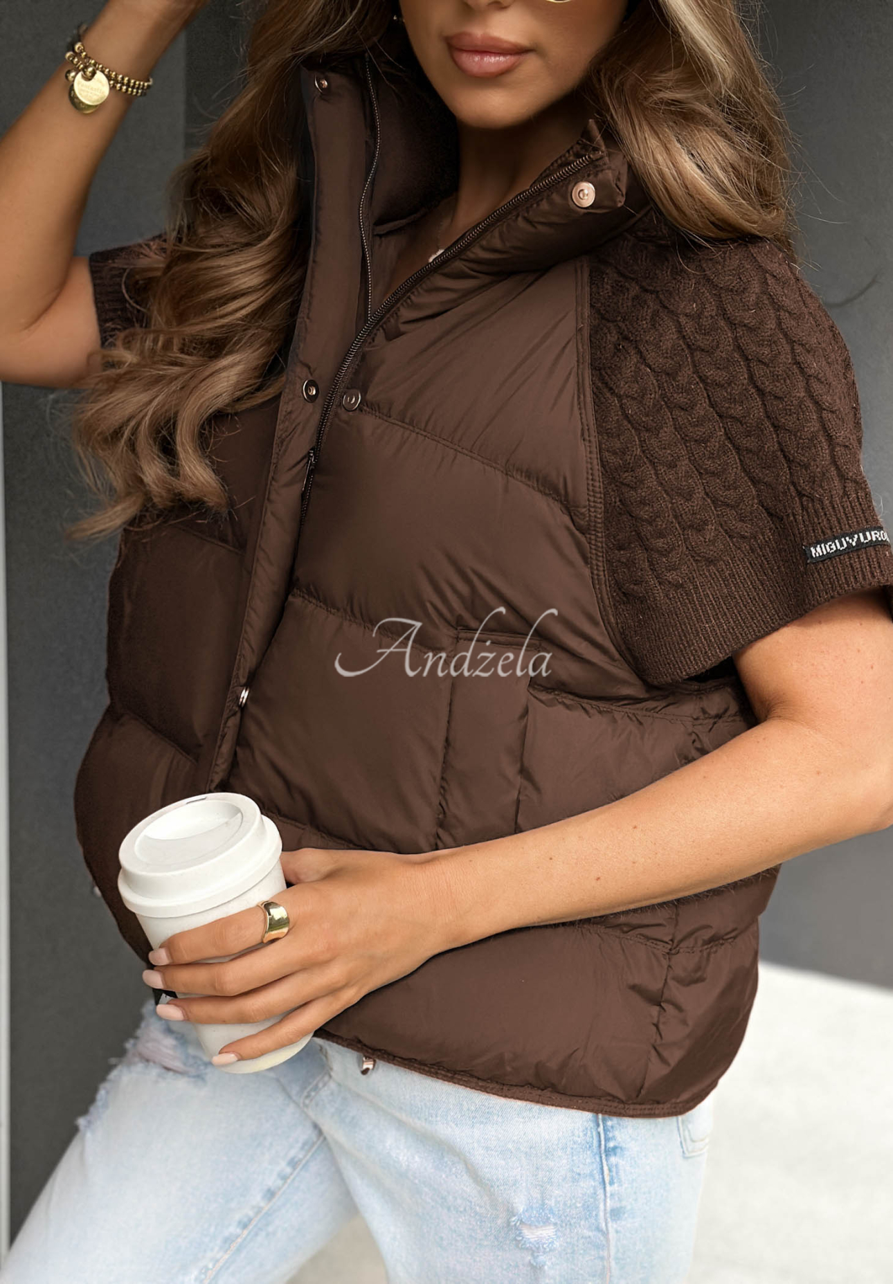 Never Leave Down Vest with Knit Inserts, Chocolate Brown