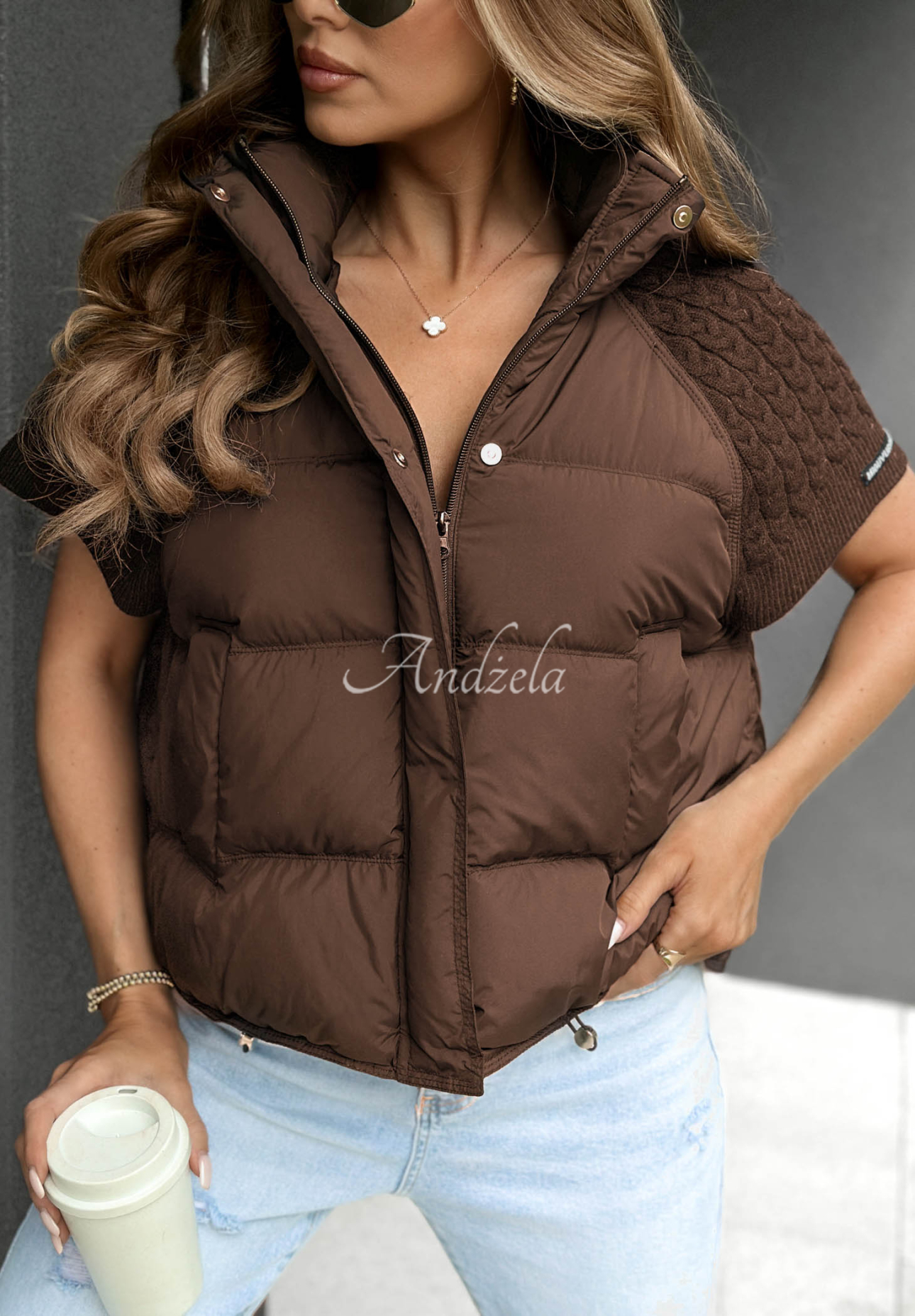 Never Leave Down Vest with Knit Inserts, Chocolate Brown