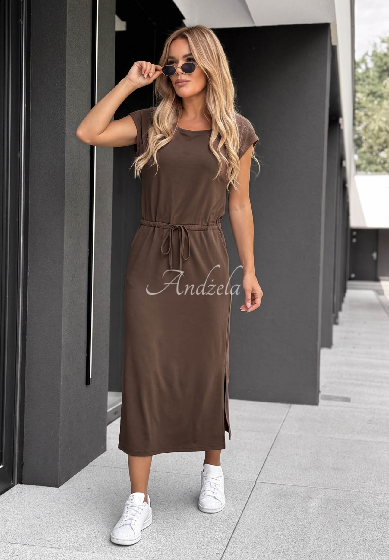 Moonlight Harbor Chocolate-Colored Cotton Dress with Ribbed Hem