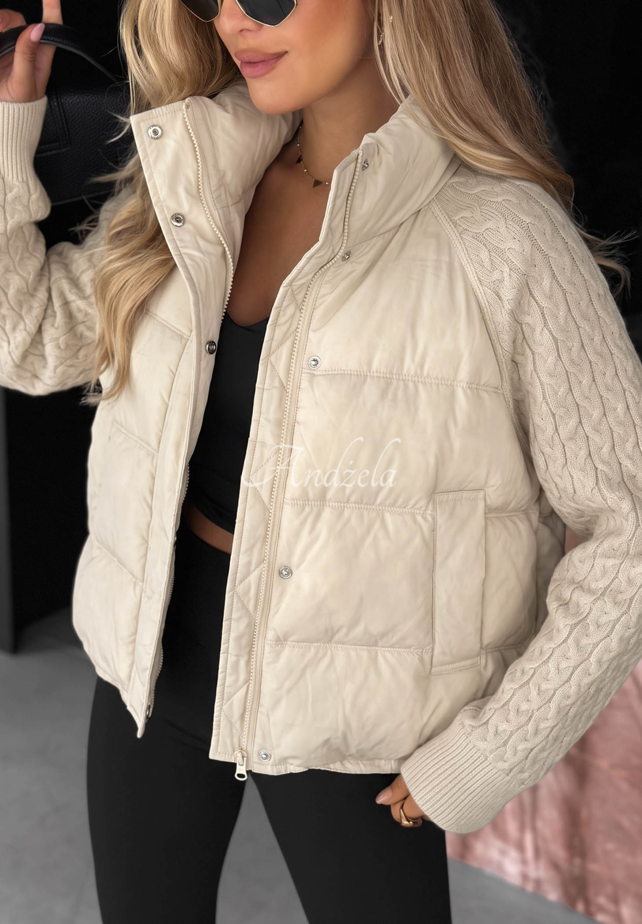 Never Leave ecru down jacket with knit inserts