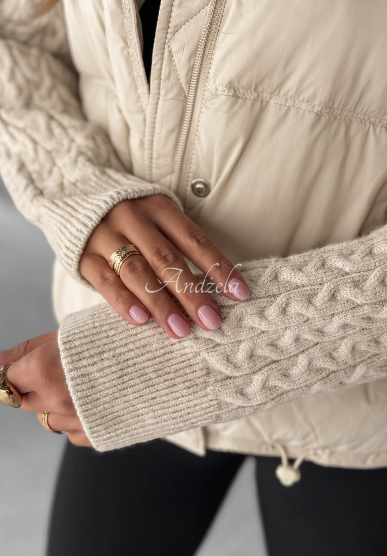 Never Leave ecru down jacket with knit inserts