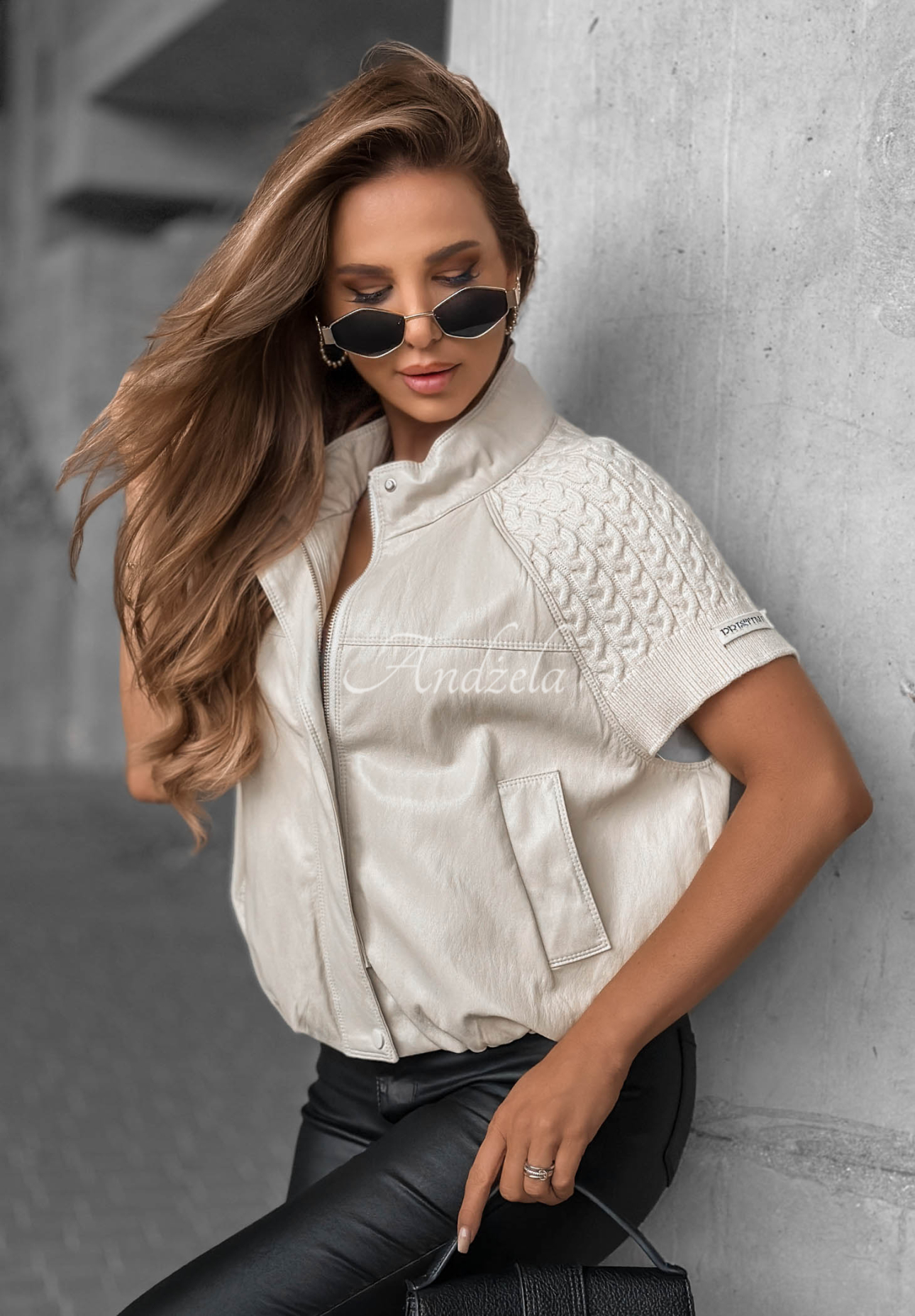 Never Leave Light Beige Leather Vest with Knit Inserts