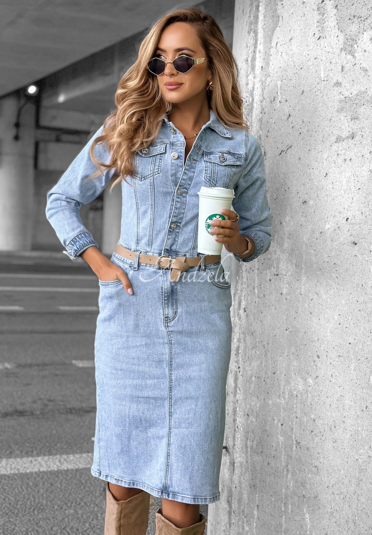 Are You Ready blue denim midi dress with belt