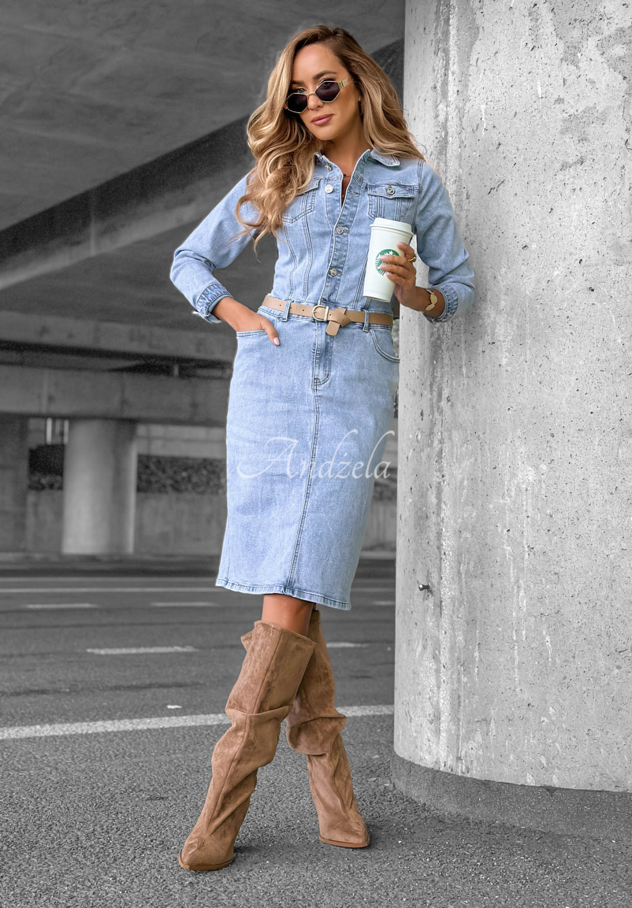 Are You Ready blue denim midi dress with belt