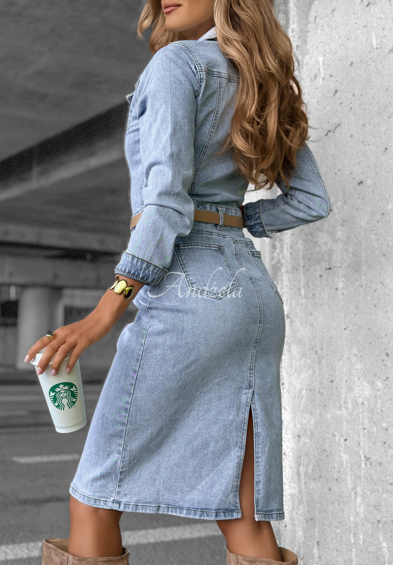 Are You Ready blue denim midi dress with belt