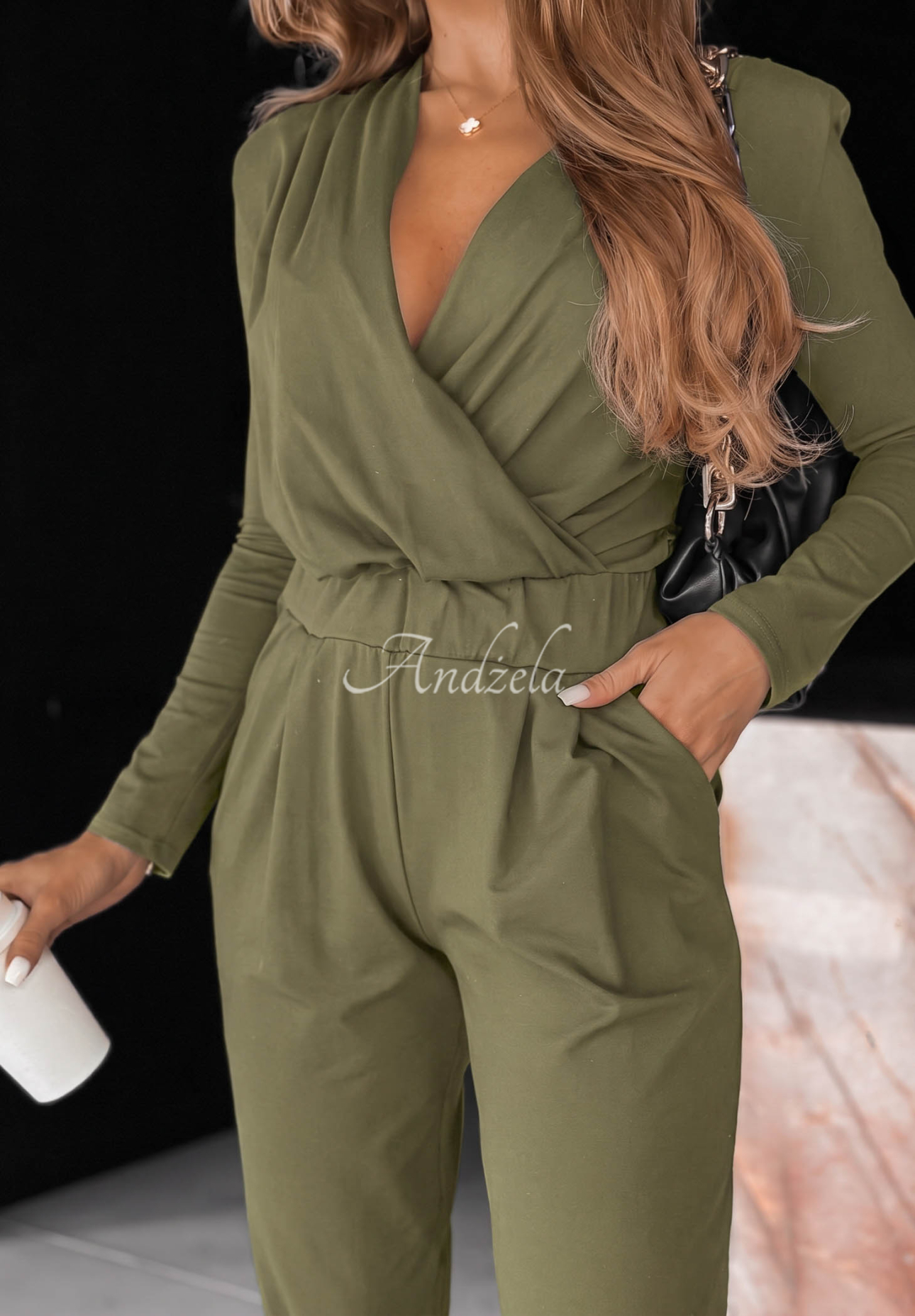 Bawełniany kombinezon z długim rękawem Soft Elegance oliwkowy