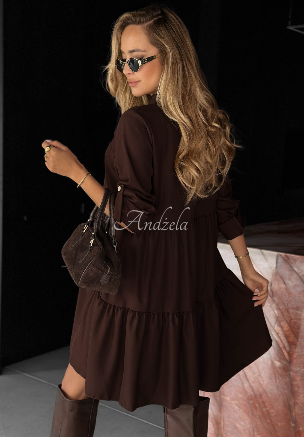 Modern Charm Chocolate-Colored Oversized Dress with Ruffles, Made of Viscose