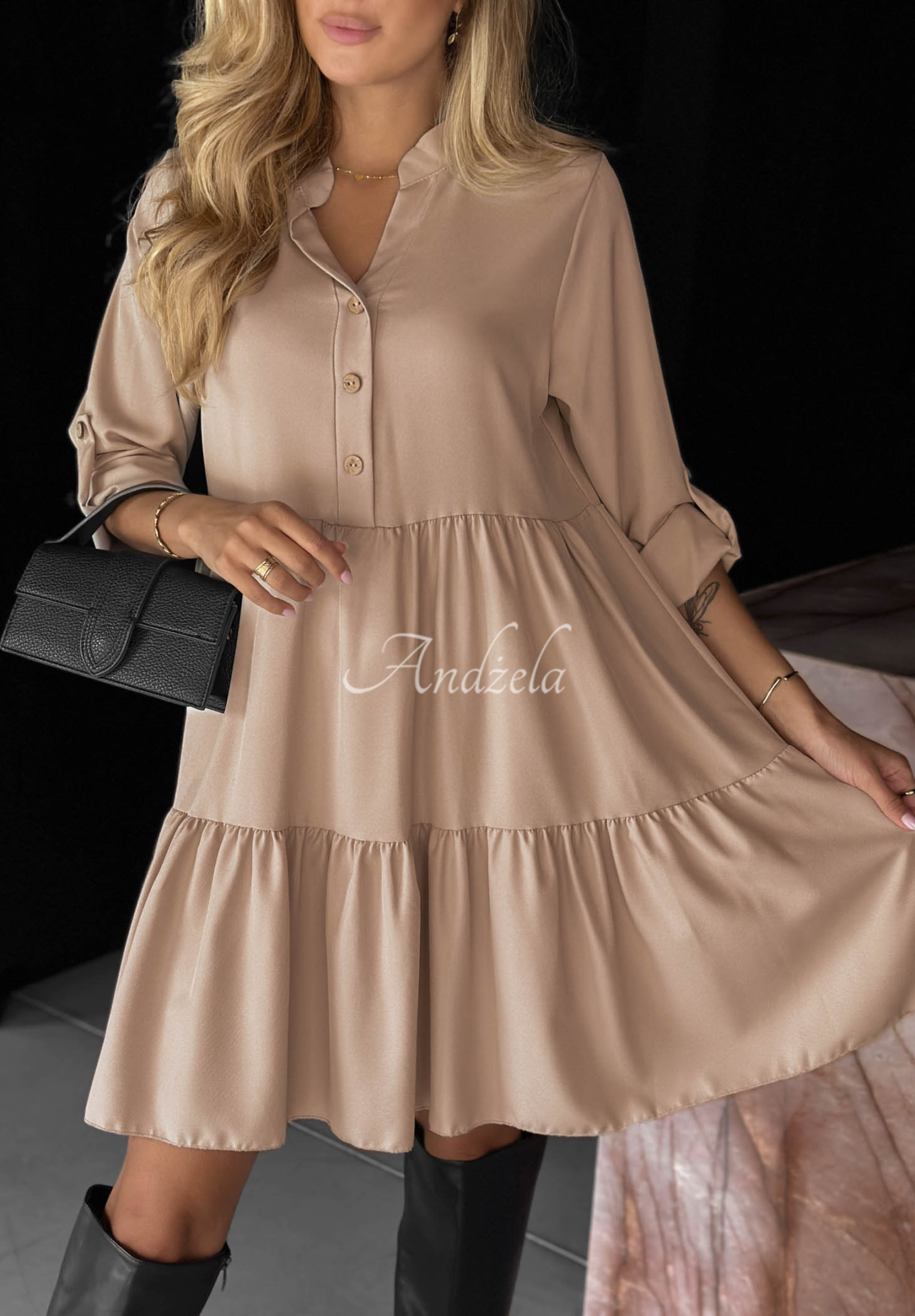 Modern Charm Beige Oversized Dress with Ruffles, Made of Viscose