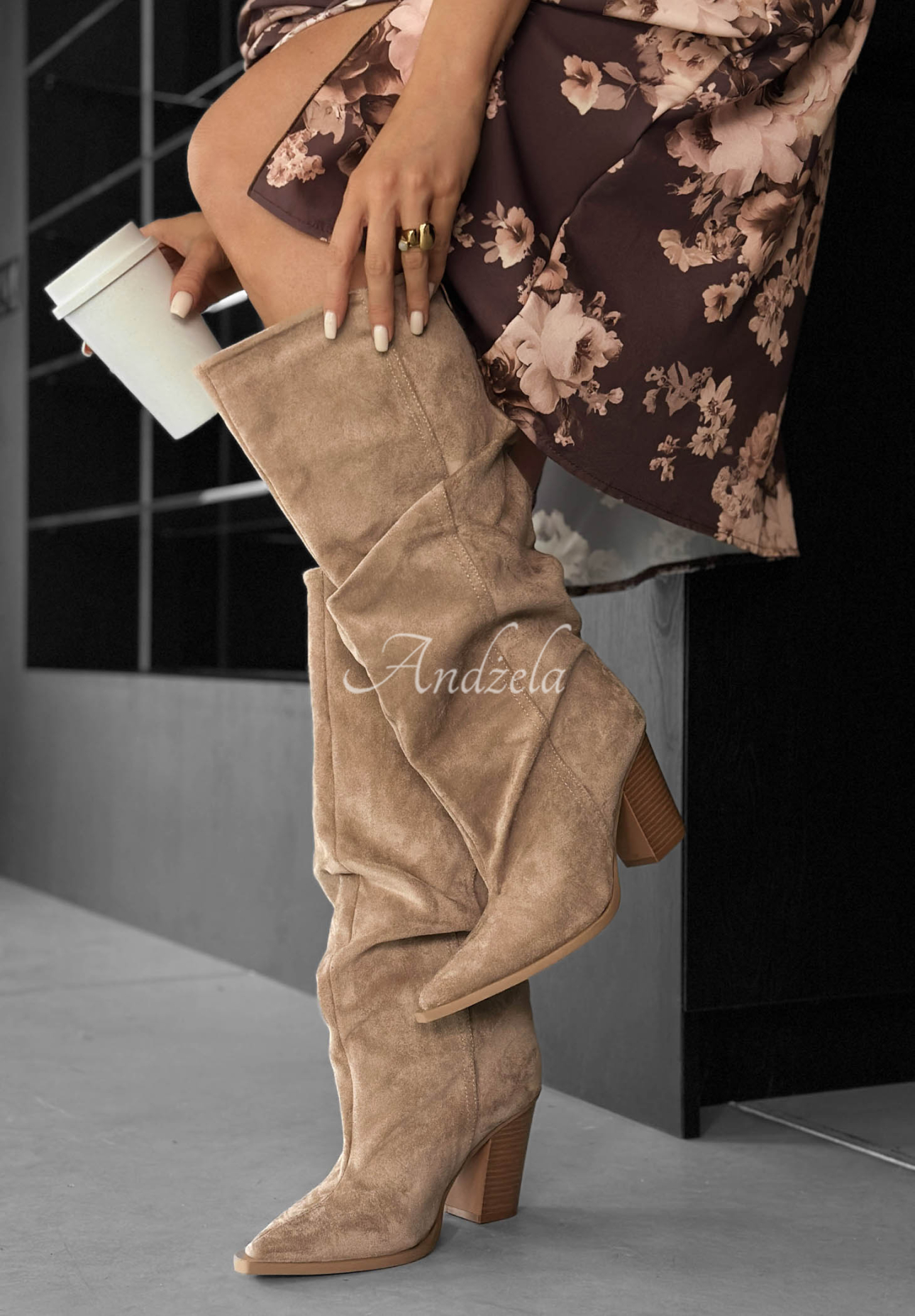 Velvette Muse Beige Suede Knee-High Boots with a Heel